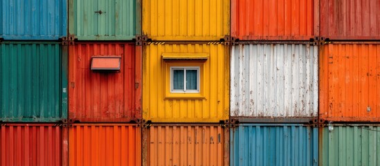 Colorful shipping container arrangement, with a window and a small vent-like structure. Varied textures & colors