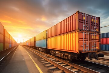 Obraz premium Long freight train carrying stacked shipping containers on tracks under a dramatic sunset sky