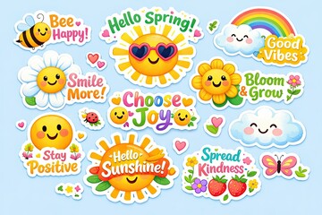 Positive spring quote sticker set with smiling sun, clouds, flowers, rainbow, bee, hearts and cute words