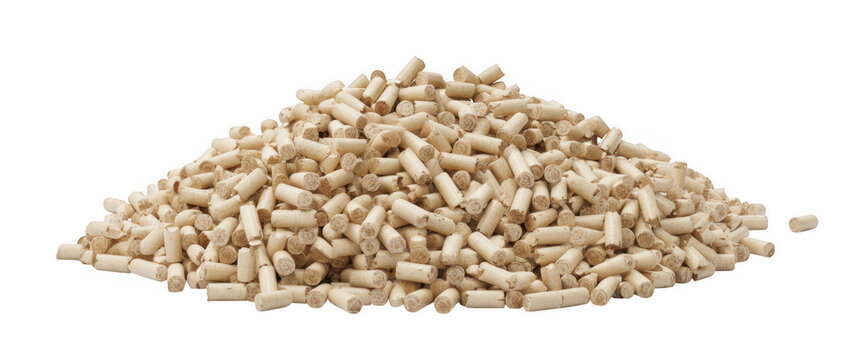 Pile of light brown wood pellets biofuel biomass renewable energy isolated on a transparent background