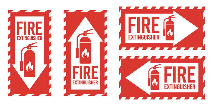 Fire extinguisher sign set. Firefighters tools for flame fighting. Fire extinguisher symbol, logo, badge, icon, sticker, label, banner, arrow, red, circle, line, flat vector, isolated illustration.
