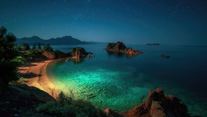 Serene coastal view at night with starry sky, turquoise waters, and distant islands