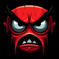 Fiery Red Cartoon Devil Head with Aggressive Expression, Big Horns and Blazing Eyes