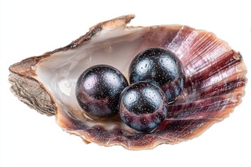 Close-up of three iridescent, dark pearls nested in the interior of a textured shell