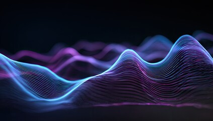 Abstract 3D rendering of glowing, undulating waveforms in shades of blue and purple
