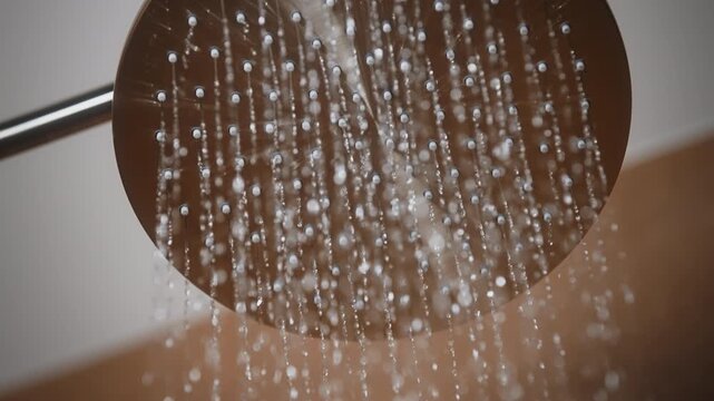 Close-up round stainless steel rainfall shower head water gradually stops flowing. Thin streams fade into separate droplets on matte metal surface. Curved steel holder, modern warm brown ceramic tiles
