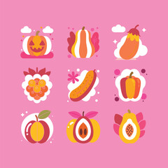Autumn pumpkin and gourd icon set with fall harvest illustrations