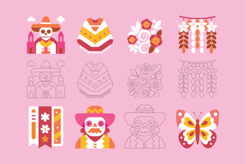Mexican folk art icon set with traditional characters, patterns and symbols