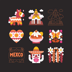 Mexican culture icon set with traditional food, landmarks and folk symbols