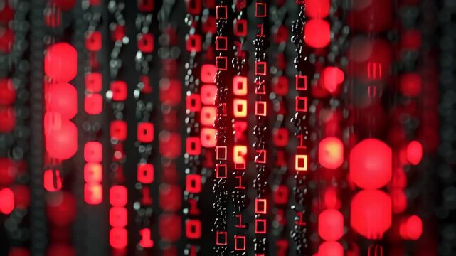 Abstract visualization of digital code with red binary digits on a dark background, representing concepts of cybersecurity, data flow, and information technology. ideal for tech and cybersecurity them