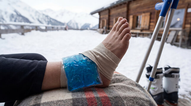 Close up of an injured ankle with a blue gel ice pack and bandage. Winter skiing accident recovery at a mountain cabin. First aid for a sprained foot with crutches and ski boots