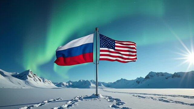 US and Russia flags beneath Aurora Borealis over snowy Alaskan mountains showing geopolitical Arctic concept