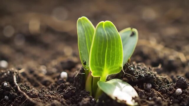 Cinematic Time Lapse Style Of A Green Seedling Sprouting And Growing From Dark Soil Ground In Sunlight