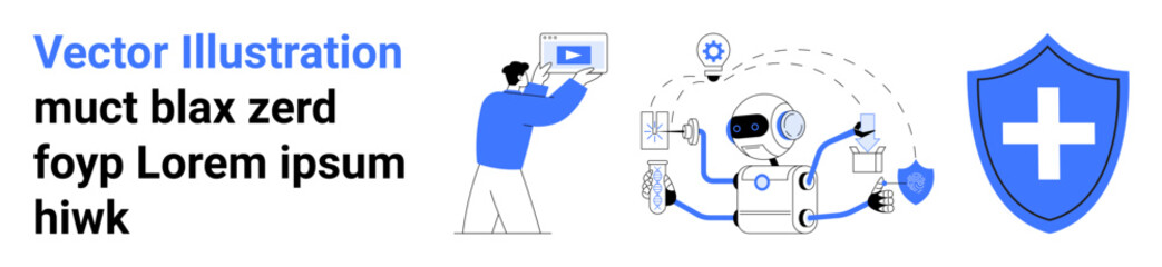 Fototapeta premium Person operating device and robot performing multitasking with data icons, surrounded by shield emphasizing cybersecurity. Ideal for tech, AI, teamwork, automation, data protection, healthcare