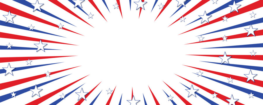 Groovy starburst or sunburst background with red, white, and blue stripes and stars. American patriotic pattern. USA traditional backdrop. Great for web banners, cards, posters, social media
