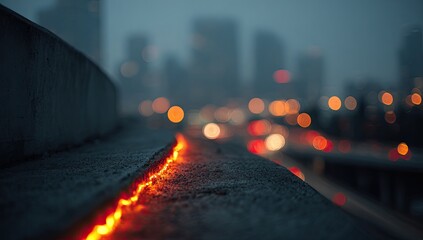Close-up of a textured concrete ledge with blurry city lights in the background