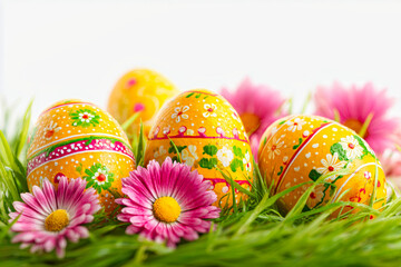 Bright Easter eggs with patterns sit in green grass surrounded by pink daisies and daffodils under sunny light, creating a festive atmosphere for Easter