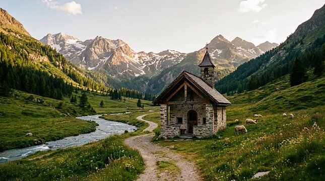 Serene alpine chapel nestled beside flowing river in mountain landscape with grazing sheep and wildflowers.