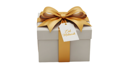 Gift box with gold ribbon and bow isolated on transparent background