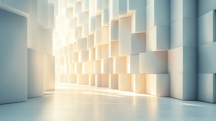 Sunlit Cubic Corridor, Futuristic Interior