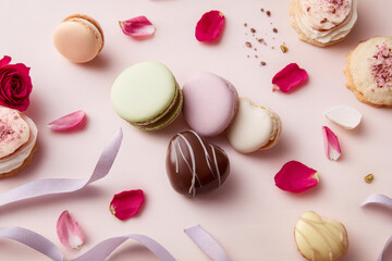 Fototapeta premium Flat lay of Valentine's desserts: macarons, chocolate truffles, heart-shaped cookies, ribbons and rose petals, soft pastel background, commercial food photography