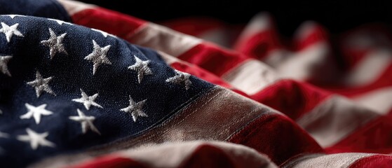A close-up view of the draped national flag shows the stars, stripes, and the texture of the fabric