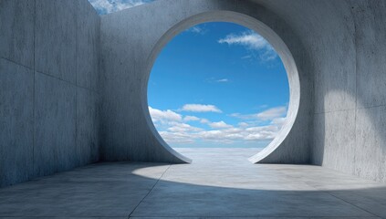 Architectural interior with concrete walls and a circular opening to a bright blue sky