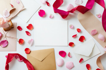 Valentine's flat lay with stationery, love letters, envelopes, ribbons, rose petals on white background, soft shadows, minimalist commercial composition