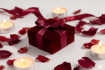 Valentine's gift box wrapped in red velvet ribbon, surrounded by rose petals and candles, soft shadows on white background, luxurious romantic product photography
