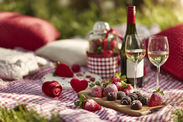 Valentine's picnic scene with wine, chocolates, strawberries, heart-shaped decorations, soft sunlight in park, lifestyle romantic stock imagery