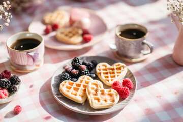 Valentine's themed breakfast table with heart-shaped waffles, berries, coffee cups, pastel tablecloth, soft morning light, cozy lifestyle stock imagery