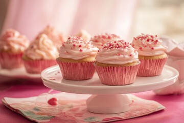 Valentine's themed cupcake display with pink frosting, heart sprinkles, pastel tablecloth, soft lighting, inviting commercial dessert photography
