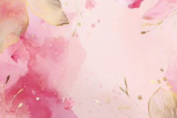 Watercolor abstract splash in pink and gold hues with delicate floral accents, feminine luxurious concept ideal for International Women's Day banners