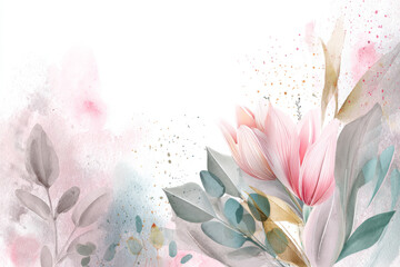 Watercolor botanical border with tulips, soft leaves, pastel splashes, textured background, pretty International Women's Day greeting card design