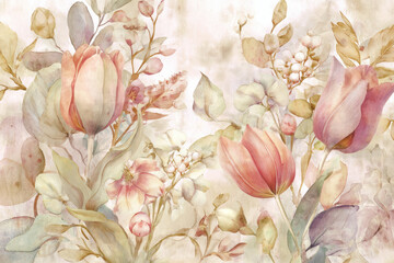 Watercolor botanical collage with tulips, leaves and small blossoms, seamless composition, pastel tones and transparent washes ideal for Women's Day decorative visuals