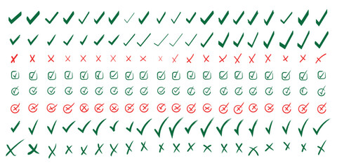 Green check mark and red cross icon set, circle and square. Tick symbol in green color. Hand drawn checkmark illustration © Hikestudio3