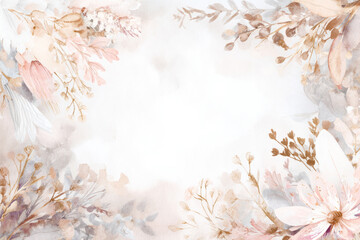 Watercolor floral border in delicate pastel tones framing an empty center for Women's Day message, soft brush textures, airy botanical elements, refined festive aesthetic