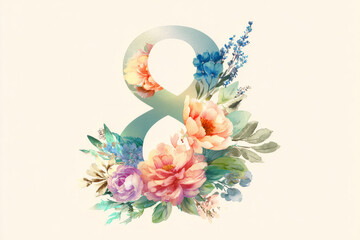 Watercolor floral bouquet arranged in number 8 shape, transparent layering, pastel tones, delicate highlights celebrating International Women's Day in artistic detail