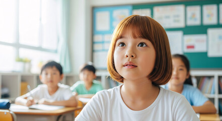 Obraz premium Young Asian school girl looking up thoughtfully in a classroom setting