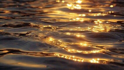 Close-up of water surface sparkling with golden sunlight reflections, shimmering waves