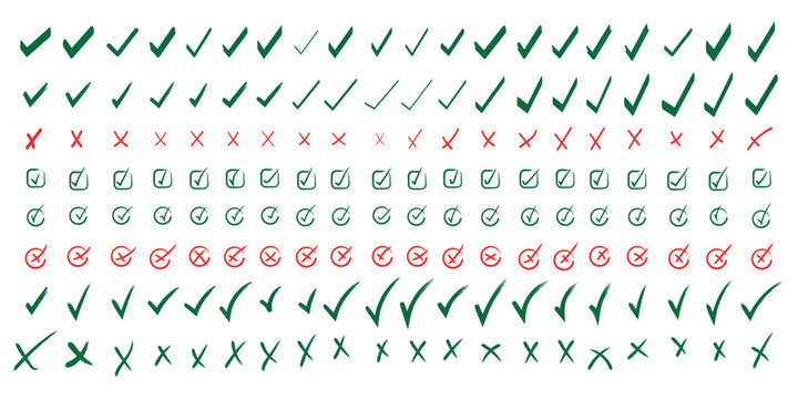Green check mark and red cross icon set, circle and square. Tick symbol in green color. Hand drawn checkmark illustration