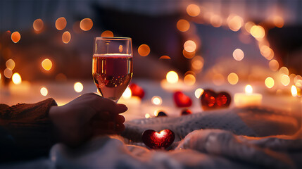 ロマンティックな夜のグラスとハート