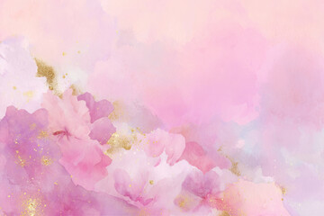 Watercolor pastel flower clouds drifting across a soft pink sky, subtle golden highlights, dreamy feminine atmosphere suitable for Women's Day backgrounds