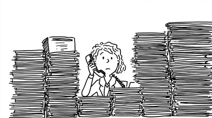 電話をかける女性と山積みの書類