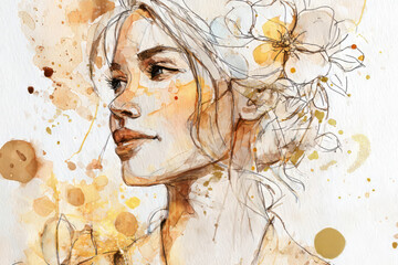 Watercolor portrait of a confident woman surrounded by flowers and subtle golden splashes, warm and gentle tones, expressive brush textures celebrating International Women's Day