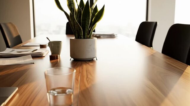 An empty and clean modern office boardroom is prepared for an important business meeting with laptops and notes