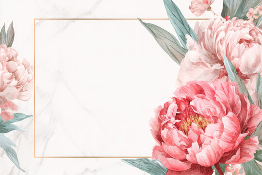 Watercolor peony double frame with soft edges and transparent washes, pastel tones, elegant botanical symmetry for Women's Day card templates