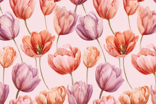 Watercolor pattern of hand-painted tulips in soft pink and peach tones, delicate repeating texture, elegant International Women's Day background
