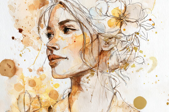 Watercolor portrait of a confident woman surrounded by flowers and subtle golden splashes, warm and gentle tones, expressive brush textures celebrating International Women's Day