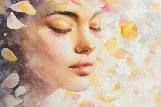 Watercolor portrait of a serene woman surrounded by floating petals, soft light, gentle transparency, artistic expression of beauty and empowerment for Women's Day